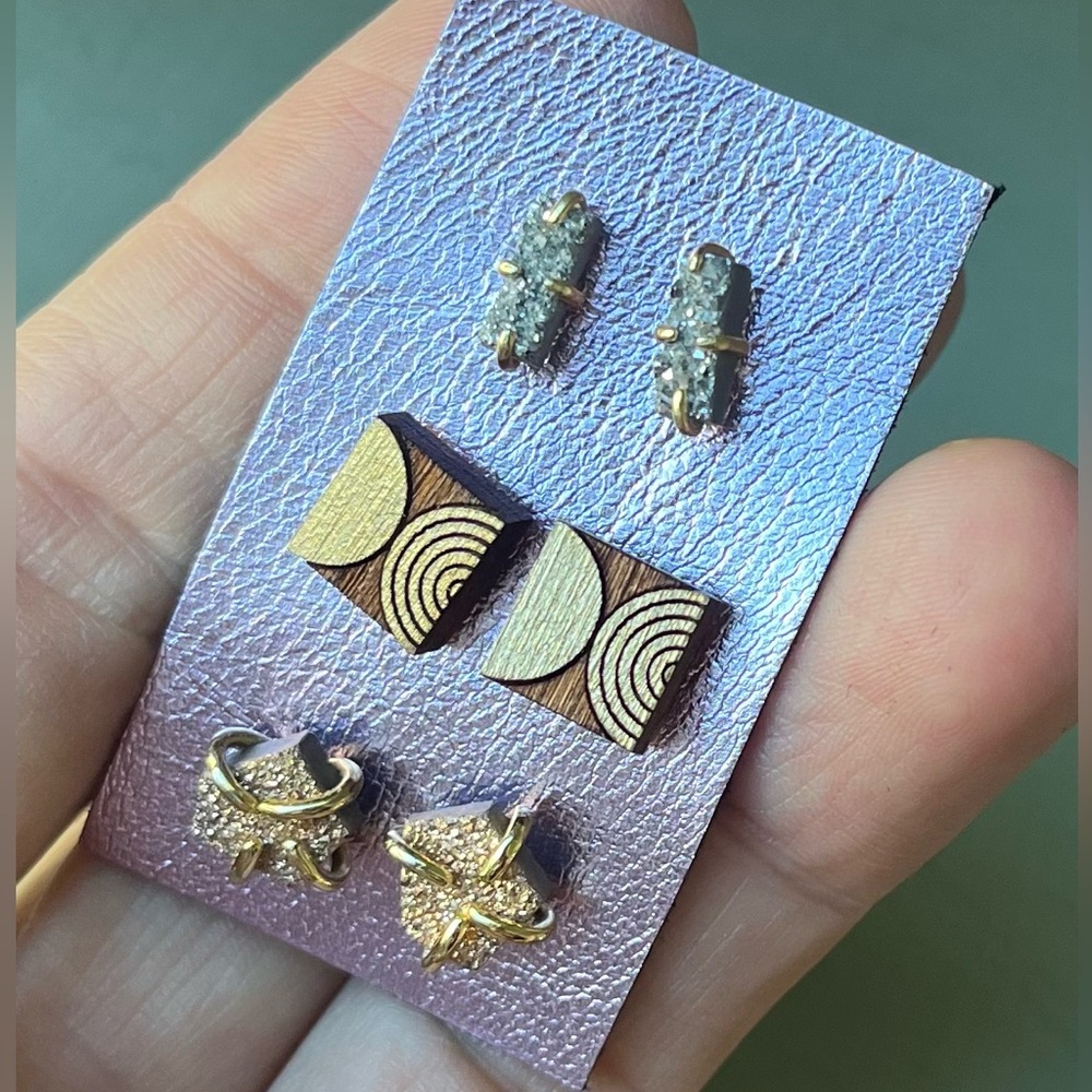 Metallic Stud Earring Trio - Sterling Silver, Druzy, and Wood